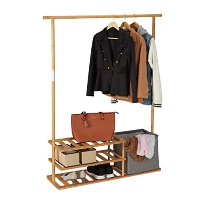 Afbeelding van Relaxdays kledingrek bamboe met planken, open design, kledingroede, opbergmand, HBD: 154 x 124 33 cm, natuur