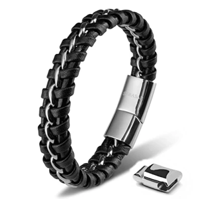 Afbeelding van SERASAR 20cm Zilver Lederen Armband voor Heren Leren Mannen Mannenpolsband Cadeau Idee Armversiering Sieraden Vlechtarmband Wikkelarmband Ketting Men Man Leather Bracelet Gift