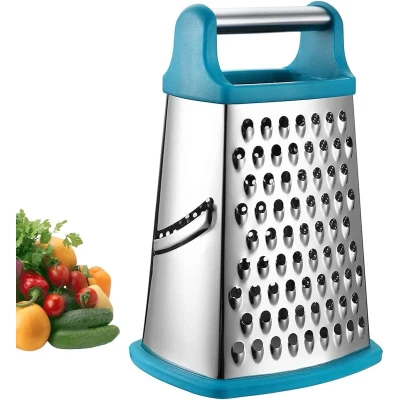 Afbeelding van rasp roestvrij staal, keukenrasp voor grof en fijn raspen, fruit, groenten, wortelen, kaas, vaatwasmachinebestendig, lichtblauw
