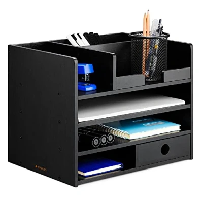 Afbeelding van Navaris bamboe houten bureau organizer Bureaukastje van hout met 1 lade 33 x 24 26 cm Voor kantoorartikelen en brieven Zwart