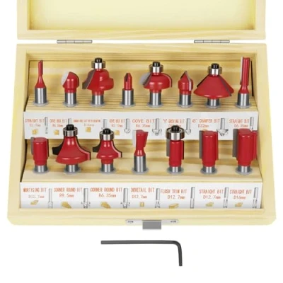 Afbeelding van flintronic® Freesset 8mm, 15 delige frezen gereedschap set, wolfraamcarbide hardmetalen frezenset, houtbewerking gereedschapsset voor hout bovenfrees houtsnijder zwarte kunststof doos