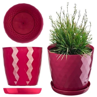 Afbeelding van KADAX Bloempot met Schotel, Plantenpot voor Bloemen, Planten, Kruidenplanten, binnen, Plantenbak van Kunststof, decoratieve Pot, Planter (18 cm, roze)
