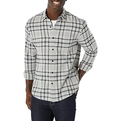 Afbeelding van Amazon Essentials Men&#039;s Flanellen overhemd met lange mouwen (verkrijgbaar in grote en maten), Zwart Lichtgrijs Plaid, XL