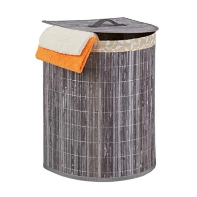 Afbeelding van Relaxdays wasmand bamboe opvouwbaar deksel mand wasgoed 30 l waszak badkamer grijs