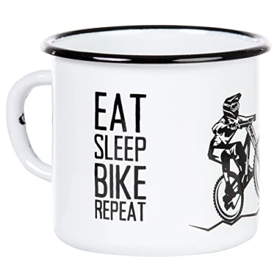 Afbeelding van MUGSY I Emaille mok Eat Sleep Bike Repeat wit, 330 ml, fiets &amp; biker met spreuk mountainbike motief