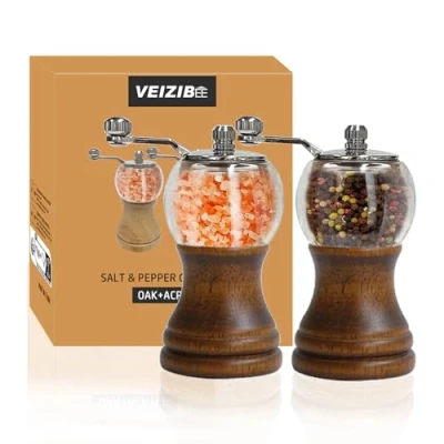 Afbeelding van VEIZIBEE Pepermolen, klassieke geroosterde zwarte handmatige pepermolen set, handschudden zoutmolen, retro stijl hout, acryl, keramische messen, metalen handvat, genieten van verse peper (walnootkleur