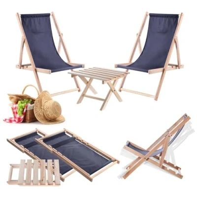 Afbeelding van KADAX Klaptafel met 2 ligstoelen, kleine tuintafel van hout, bijzettafel voor balkon en tuin, koffietafel, balkontafel, inklapbaar (donkerblauw)