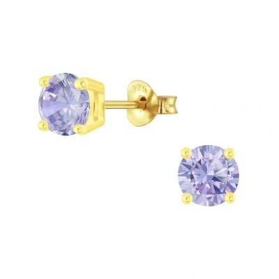 Afbeelding van JoyS Zilveren 6 mm oorbellen rond zirkonia lila paars 14k goudplating