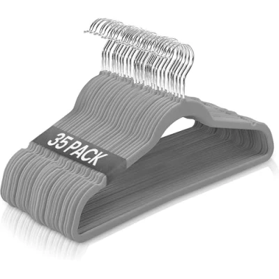 Afbeelding van Ediesi, Fluwelen kleerhangers, 35 stuks, grijs, antislip, zacht, dun, voor broek, hemd, rok, pak (35 grijs zonder korwatten)