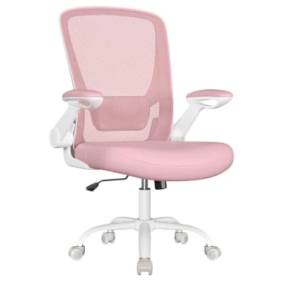 Afbeelding van SONGMICS Ergonomische Canvas Bureaustoel, Fauteuil, Gewatteerde Lendesteun, Schommelmechanisme, 53 cm Brede Zitting, Opklapbare Armleuningen, Candy roze OBN037R01