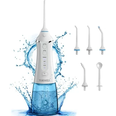 Afbeelding van TUREWELL Elektrische Watertandflosser, 3 modi en 6 sproeiers, USB oplaadbaar, IPX7 waterdicht, 300 ml orale irrigator