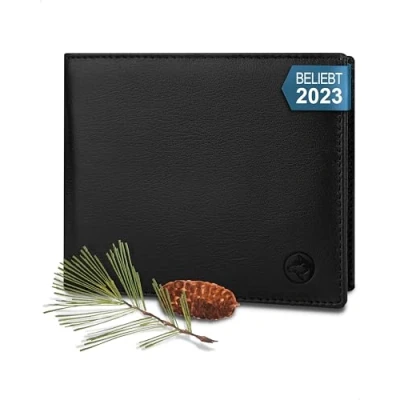 Afbeelding van Wolfstrøm Leren portemonnee voor heren, &#039;Nørge&#039;, Tri Fold RFID blocker, vak 6/8 kaarten, ID vak, groot extra bankbiljetten, muntenvak, (00) Classic Black, Standaard,