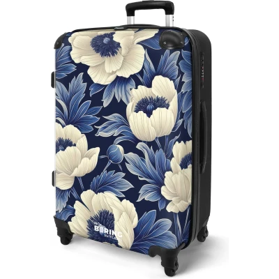 Afbeelding van NoBoringSuitcases.com® Koffer groot Rolkoffer lichtgewicht Donkerblauw met witte bloemen Reiskoffer 4 wielen Grote trolley XL 20 kg bagage