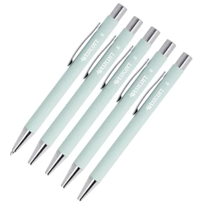 Afbeelding van Westcott E 745003 00, premium balpen, 5 stuks, mintkleurige balpen van aluminium, documenteecht met blauwe inkt, lijndikte XB 1,4 mm