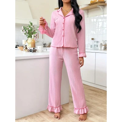 Afbeelding van pyjama dames huispak loungewear katoen sexy satijn polyester goedkoop nachtmode roze
