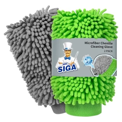 Afbeelding van MR.SIGA Microvezel autowashandschoen, superabsorberende en krasvrije washandschoen voor het wassen van auto&#039;s, streeploze handschoen verwijderen vuil, set 2, groen grijs