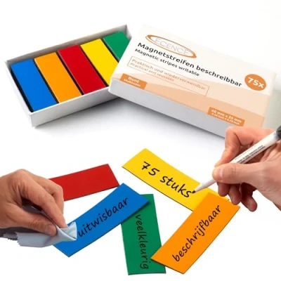 Afbeelding van ECENCE 75 Magneetstrips beschrijfbaar 60x20mm Kleurrijk kleefstrips om op maat te snijden uitwisbare magneetplaten Magneetetiketten voor whiteboards, koelkasten, magneetbord