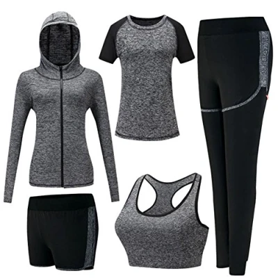 Afbeelding van ZETIY Vrouwen 5 stks Yoga Pak Sweatsuit Activewear Sets Sport Fitness Kleding Dames Workout Outfit Sportpakken voor Running Jogging Gym, Grijs, M
