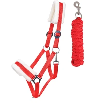 Afbeelding van ARBO INOX Halsterset Starter met nepbont halster en geleidingstouw (Mini Shetty, rood)