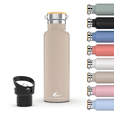 Afbeelding van DAIKOKU fles, Dubbelwandige roestvrijstalen thermosfles, Thermosfles die dranken urenlang warm of koud houdt, Twee doppen, Pastelbeige kleur, 750 ML