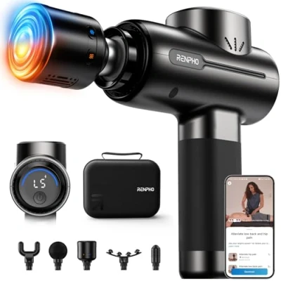 Afbeelding van massagegeweer met warmte en koude, RENPHO massagegeweer, warmtefunctie Bluetooth, draagbaar spiermassagegeweer voor diepe weefsels, elektrisch handmassageapparaat, Active+ Thermacool