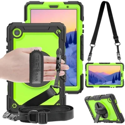 Afbeelding van TECHGEAR Utility Beschermhoes compatibel met Samsung Galaxy Tab A7 Lite 2021 8,7 inch (SM T220/T225), hard, stootbescherming 360 graden draaibare standaard, schouderriem en handgreep groen