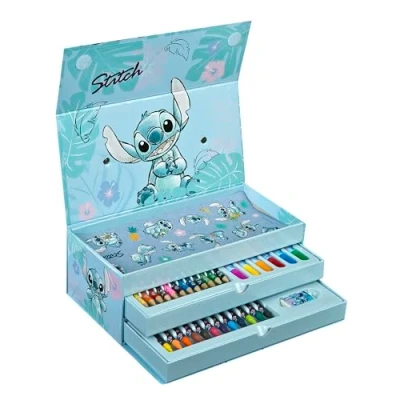 Afbeelding van Undercover Stitch schilderkoffer 44 delig creatieve kinderset met 3 vakken vol schilderplezier waxschilder kleurpotloden poster sticker voor kinderen vanaf jaar
