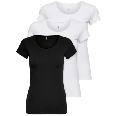 Afbeelding van ONLY 15209153 Dames T shirt met korte mouwen, lange basic zomer shirts, maten XS / S M L XL, zwart of wit, set van 3 stuks, Kleur Mix 2,