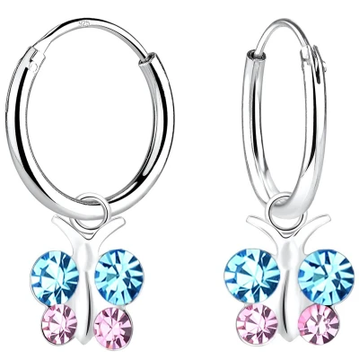 Afbeelding van JoyS Zilveren vlinder bedel oorbellen oorringen kristal blauw roze