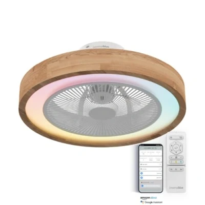 Afbeelding van UNIVERSALBLUE Plafondventilator met veelkleurig ledlicht en wifi, ventilator zonder vleugels dimbaar licht, houten afwerking, Alexa Google Assistant