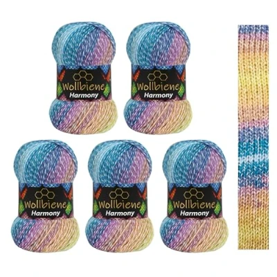Afbeelding van Wollbiene Harmony Batik 5 x 100 g, 500 gram met kleurverloop, 30% katoen, meerkleurig, kleur: wol, haakwol, het hele jaar door (8070 blauw, paars, camel)