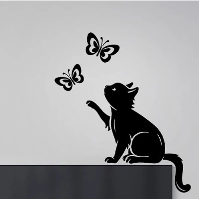 Afbeelding van Kat Vlinders Muursticker Kunst Vlinder Decal Decor Vinyl Woondecoratie Woonkamer Transfers Katten Schilderen Keuken Huisdieren Stickers Ontwerp Poster Boom Decals Behang DIY Muurschildering