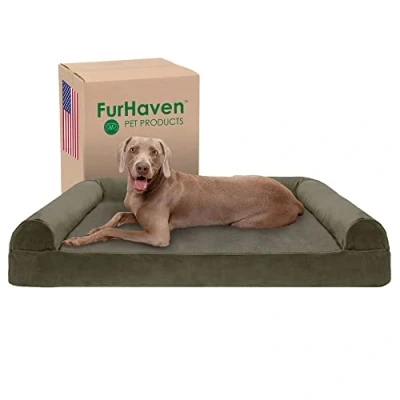 Afbeelding van FurHaven Cooling Gel hondenbed voor grote honden met afneembare kussens en wasbare hoes, tot 120 lbs imitatiebont &amp; fluwelen bank Dark Sage, Jumbo Plus/XXL