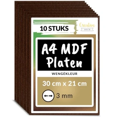 Afbeelding van Creative Deco 10 x A4 MDF Plaat Bruin 300 210 3 mm Perfect voor Lasersnijden, CNC Frezen, Modelleren, Freeswerk, Figuurzagen