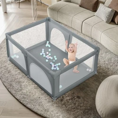 Afbeelding van OHMG box voor baby&#039;s, binnen en buiten, kantelbestendig kinderbabyrooster, kinderhek met anti botsingsschuim, afsluitrooster ademend net, appartement, 50 speelballen