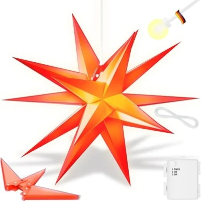 Afbeelding van KESSER® LED Kerst Ster 3D, Verlichting met Timer, Kerstster Lampjes voor Binnen en Buiten, Kerstverlichting Advent Verlichte Hangend, Warm Wit Licht Rood / 60 cm, Timer