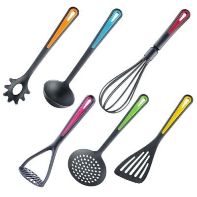 Afbeelding van Keukenhulpset, 6 stuks, spatel, Schuim , spaghettilepel, soeplepel, aardappelstamper, garde, PA, kleureneditie