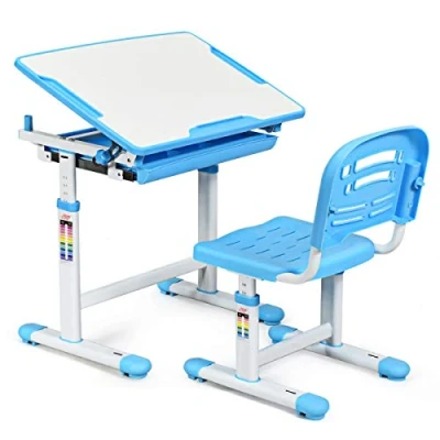 Afbeelding van COSTWAY Kinderbureau, in hoogte verstelbaar, kindermeubel, kantelbaar, kindertafel met stoel, bureau voor kinderen (blauw)