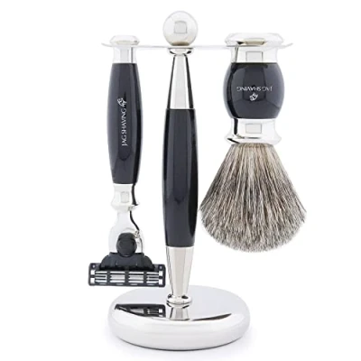 Afbeelding van Jag Shaving scheerset 3 delige met scheerkwast scheermesjes scheermesje super dassenhaar scheerstandaard zwarte als cadeauset