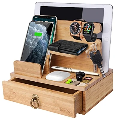 Afbeelding van iCozzier Bamboo Desktop laadstation voor meerdere apparaten, dock station, horloge organizer, sleutelhouder met lade Watch, pods, pad, smartphones, tablets, Kindles
