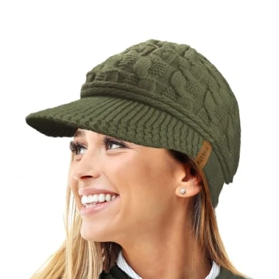 Afbeelding van TOSKATOK Dames piekkabel gebreide warme R80 Teddy fleece gevoerde beanie wintermuts, legergroen, One size