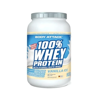 Afbeelding van Body Attack Vanilla Ice 100% Whey Proteïne, 900 g, Made in Germany, extra romig eiwitpoeder met hydrolysaat en BCAA, ondersteunt spieropbouw diëten, voor sporters atleten