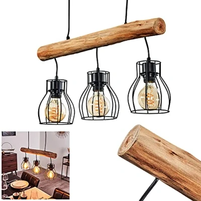 Afbeelding van hanglamp Gondo, van metaal/hout in zwart/bruin, 3 lampen, x E27, moderne hanglamp, zonder gloeilampen