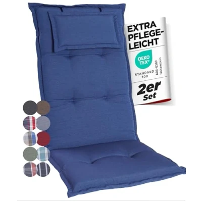 Afbeelding van gardisun Tuinstoelkussens, hoge rugleuning met hoofdeinde, extra dikke stoelkussens, made in Europe, ideale kussens voor rugleuning, hoog comfort, set van 2, blauw
