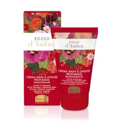 Afbeelding van Helan, Rosso d&#039;Ambra Hand en nagelcrème, geparfumeerd regenererend voor droge gebarsten huid, vochtinbrengende crème met vitamine C E, antioxidanten reparerende zoete