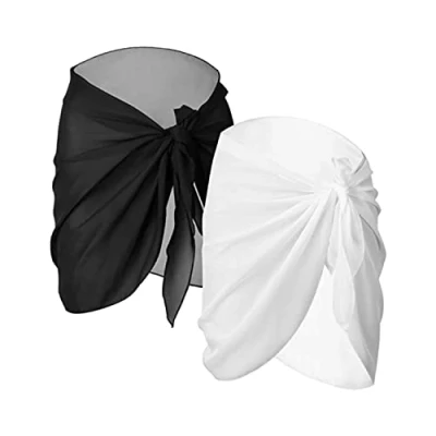 Afbeelding van Bessy shop dames strand wrap sarong cover up 2 stuks chiffon pareo bikini badpak wikkelrok bedekking wikkeljurk voor vakantie zwart wit, zwart, Eén Maat
