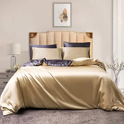 Afbeelding van Damier Satijnen beddengoed, 220 x 240 cm, beige grijs, glanzend satijn, omkeerbaar, zijdeachtig glanzend, luxe dekbedovertrek met ritssluiting en 2 kussenslopen 80 cm