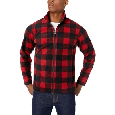 Afbeelding van Amazon Essentials Men&#039;s Fleecejack met volledige ritssluiting (verkrijgbaar in grote en lange maten), Zwart Rood Geruit, XL