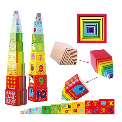 Afbeelding van TOWO Houten Stapelen Dozen nestelende en Sorting Cups Numbers Alphabet Animals Blokken voor peuters Stacking Cubes educatief speelgoed 2 jaar oud Montessori Materials
