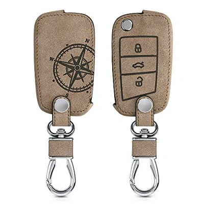 Afbeelding van kwmobile Autosleutel hoesje compatibel met VW Golf 7 MK7 3 knops behuizing in bruin Vintage Kompas
